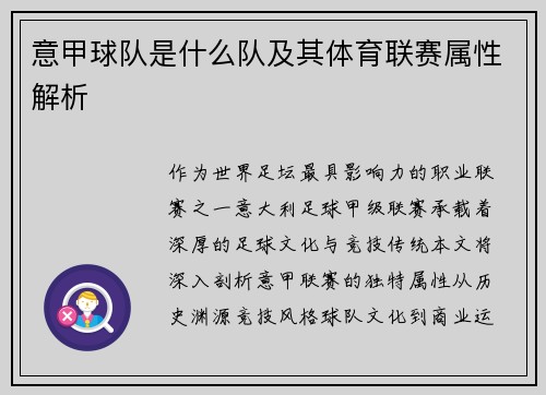 意甲球队是什么队及其体育联赛属性解析